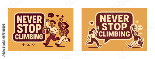 Motivational poster with energetic caucasian and hispanic adults climbing for success