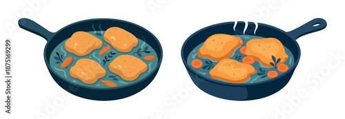 Fried chicken nuggets in two pans with seasoning and vegetables