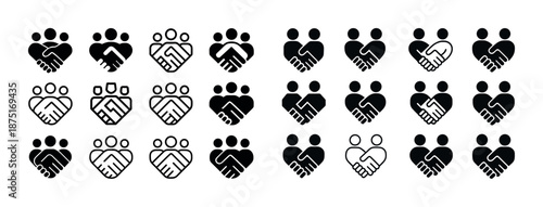 Multiple black icon variations featuring people, hearts, and handshakes in rows