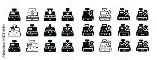 Set of iconic black and white cash register symbols for retail and finance