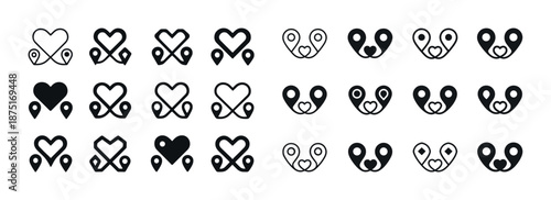 Heart and location icons set: love and navigation symbol collection