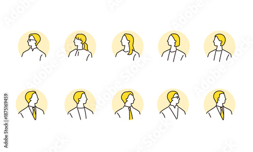 横向きビジネスパーソンの円背景アイコンセット　線画イラスト