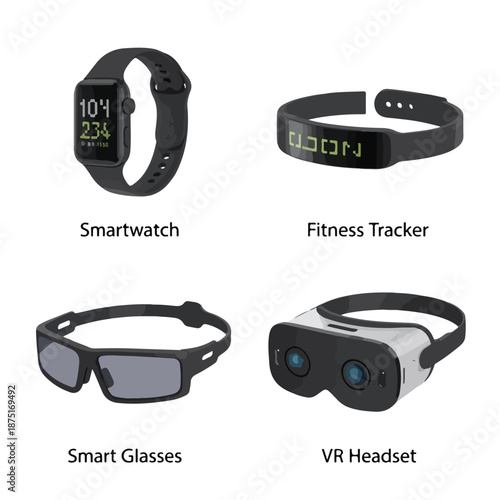 A collection of wearable technology devices on a white background