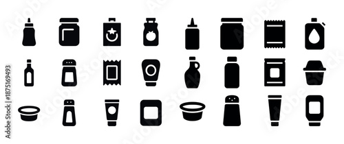 Silhouette icons of containers: bottles, jars, cans, packets, and dispensers