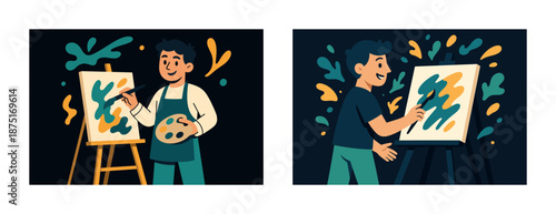 Two young asian male artists painting on canvases in a creative studio