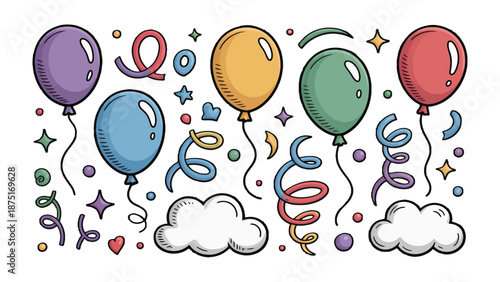 Colorful Festive Decorations: A cheerful collection of vibrant balloons and playful decorations, perfect for celebrating happy moments, adding a touch of joy and fun to any special event.