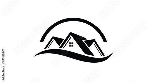 Black and white stylized house icon with mountains and wavy line landscape design element with architecture and graphic