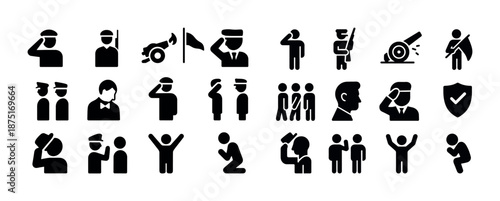 Military icons set: saluting, uniforms, soldiers, security, teamwork
