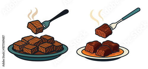 Illustration of forks lifting steaming meat cubes from plates