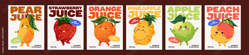 Obraz premium Designs of kids' juice labels with kawaii characters of fruits and berries set. Stickers templates of natural drinks with cute and funny apple, orange, strawberry and pear. Flat vector illustrations