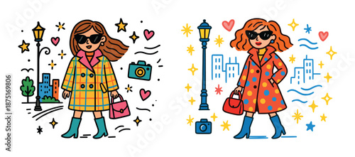 Fashionable young females in colorful coats with sunglasses and accessories