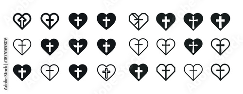 Set of heart icons with christian cross symbols in different styles