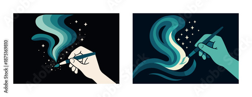 Creative hands: vibrant art with dynamic paint strokes and sparkles