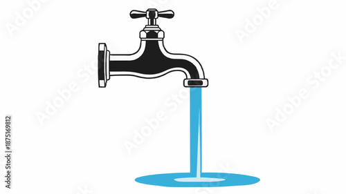 Illustration of a faucet with water flowing out and forming a puddle on a white background.