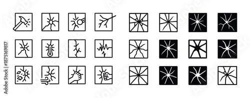 Line art illustrations of cracked surfaces with various impact symbols