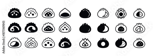 Assorted dumpling icons collection: black and white outline and filled designs