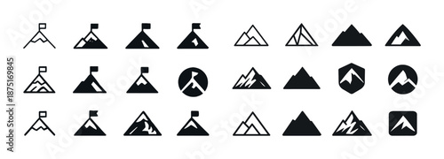 Mountain and flag icons set in black and white - peaks, flags, summits, hiking, adventure