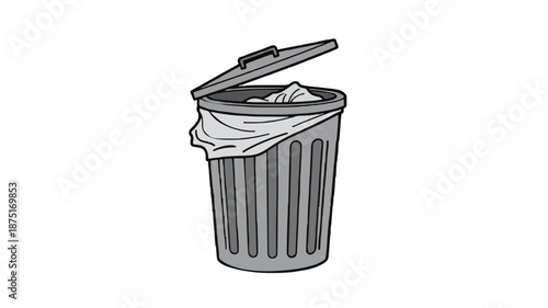 A gray trash can with its lid open and a crumpled paper bag inside on a plain white background in a simple line drawing style.
