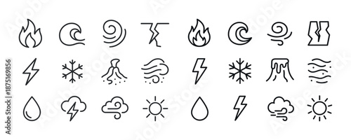 Weather and nature symbols: fire, water, wind, snow, volcano, lightning, sun, rain