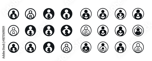 Various mother and child icon set in black and white circular designs