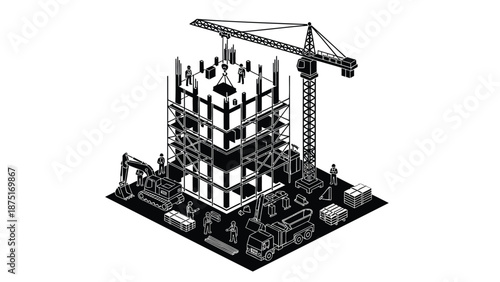 Isometric illustration of construction site with building workers crane and machinery with architecture and engineering