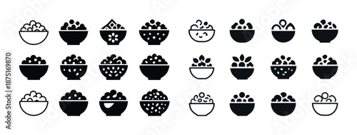 Set of 20 minimalistic bowl icons featuring diverse food designs