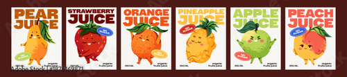 Designs of kids' juice labels with kawaii characters of fruits and berries set. Stickers templates of natural drinks with cute and funny apple, orange, strawberry and pear. Flat vector illustrations