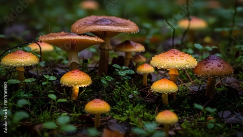 Forest floor macro view with mushrooms glowing softly after rain, shallow depth of field