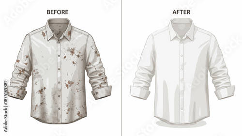Split-screen comparison of a stained white shirt before and a clean white shirt after on a plain background.