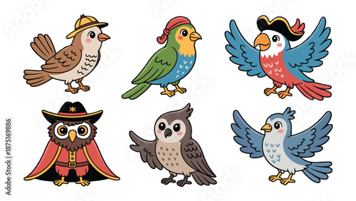 Whimsical Avian Ensemble: A collection of six charming birds, each adorned with unique costumes, creating a playful scene of feathered characters full of personality.