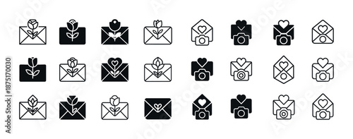 Set of envelope icons with hearts, flowers, and cameras in black and white