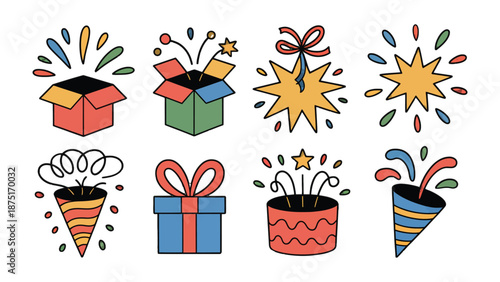 Joyful Gift Set Icons: Vibrant collection of gift boxes, crackers, and stars symbols, perfect for celebrations, festivities, and special events.