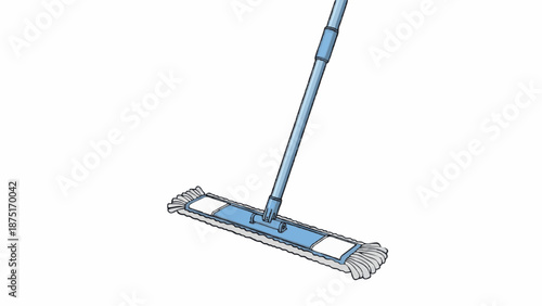 A blue and white mop with a long handle on a plain white background, close-up view.