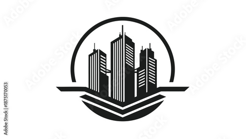 Black and white cityscape logo with skyscrapers in a circle on white background, urban landscape design element, modern architecture symbol