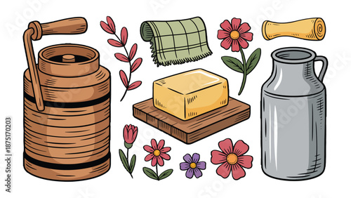 Dairy Delights: A charming collection of vintage dairy elements, evoking nostalgia for simpler times, including a butter churn, flowers, butter, metal jug, and cloth.