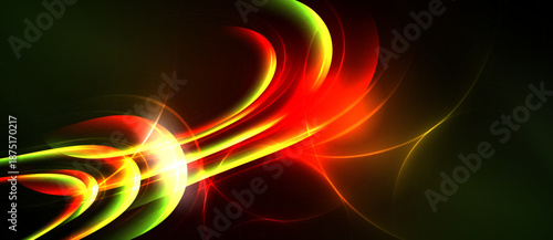 Abstract vibrant energy flows. Red, green, yellow hues blend against dark background. Dynamic curves suggest movement, light intensity.