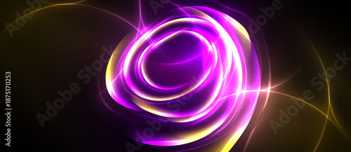 Bright swirling lights form abstract circular pattern. Vivid purple, gold hues dominate dark background. Energy radiates outward.