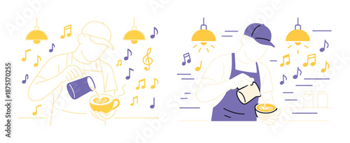 Baristas crafting latte art in music-filled cafe ambiance