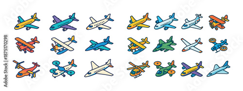 Colorful cartoon airplanes and helicopters collection illustrated in various designs