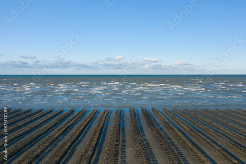 Canvas Print Long rows of oyster racks stretch across wet sand at low tide on Utah Beach, facing gentle waves and a bright blue sky