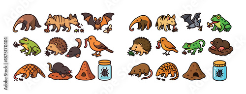 Cartoon animals eating insects: pangolin, meerkat, bat, frog, anteater, hedgehog