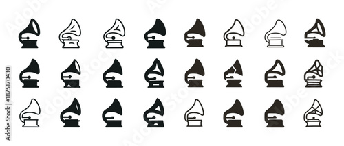 Collection of vintage gramophone icons in various styles and designs