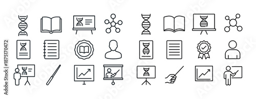 Scientific icons: dna, presentation, certificate, human silhouette, diagrams