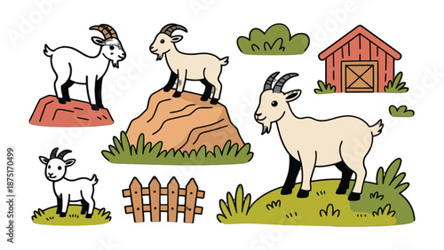 Farmyard Serenade: Delightful cartoon goats frolic in a vibrant farm scene, complemented by charming elements of countryside.