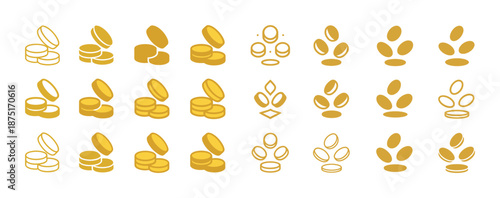 Various gold coin icons and stacks collection on white background