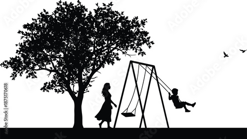 Children silhouette playing on swing under tree with birds flying, black and white outdoor family lifestyle illustration scene park evening