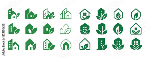 Green building icons set featuring sustainable architecture and eco-friendly designs