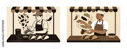 Male street food vendors preparing tacos under market stalls