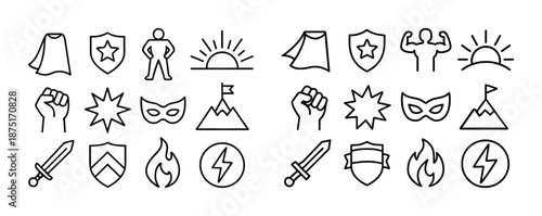 Heroic icons collection: capes, shields, masks, and power symbols