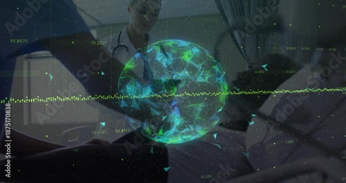 nurse reaching rail initiating transparent sphere overlaying exam and physician monitoring waveform